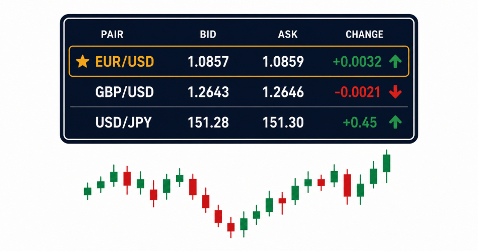 Editorial illustration showing a currency exchange display board with major forex pairs EUR/USD, GBP/USD and USD/JPY with price movement arrows, and a candlestick chart below, representing an introduction to forex trading for beginners.