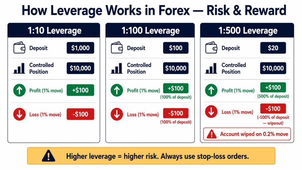 Infographic explaining how forex leverage works 
across three levels — 1:10, 1:100, and 1:500 — 
showing how a $10,000 position requires $1,000, 
$100, or $20 in margin respectively, and how a 
1% price move results in 10%, 100%, or 500% 
gain or loss relative to the deposited margin, 
with a warning that higher leverage increases 
the risk of total account loss.
