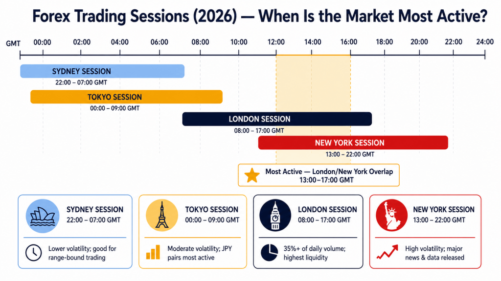 Infographic showing the four forex trading sessions 
on a 24-hour GMT timeline: Sydney (22:00–07:00), 
Tokyo (00:00–09:00), London (08:00–17:00), and 
New York (13:00–22:00), with the London-New York 
overlap from 13:00 to 17:00 GMT highlighted as 
the most active trading period.