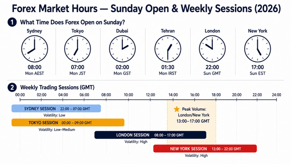 Infographic showing forex market Sunday opening times 
across six time zones — Sydney (08:00 Monday AEST), 
Tokyo (07:00 Monday JST), Dubai (02:00 Monday GST), 
Tehran (01:30 Monday IRST), London (22:00 Sunday GMT), 
and New York (17:00 Sunday EST) — alongside a 24-hour 
GMT timeline showing all four weekly trading sessions 
with the London-New York overlap from 13:00 to 17:00 
GMT highlighted as the peak volume period.
