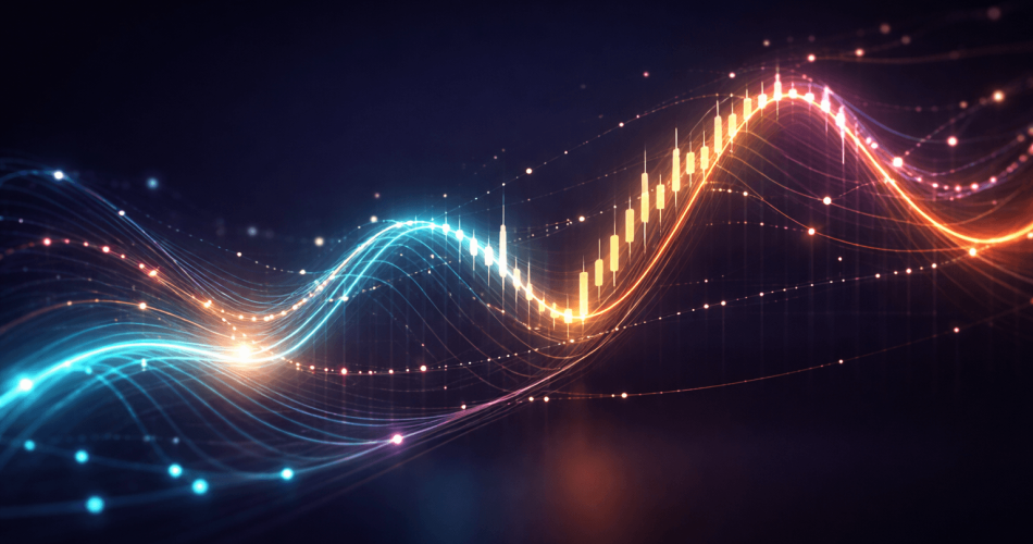 abstract forex trading illustration with flowing data lines and glowing charts representing market dynamics and price movement