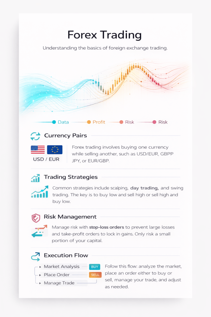 clean forex trading infographic on white background showing currency pairs strategies and risk management with modern minimal design